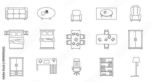 Collection of furniture line drawings top view and elevation.