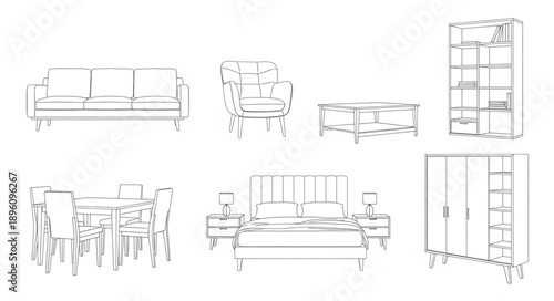 Collection of furniture line art drawings for interior design.