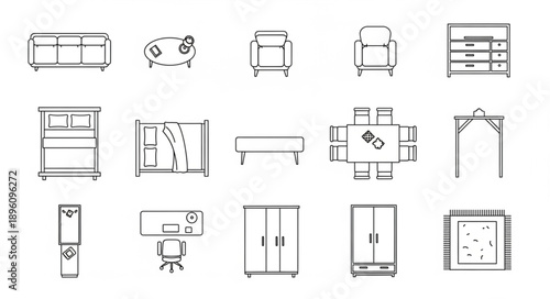Collection of furniture line drawings top view and elevation.