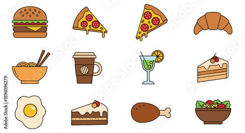 Assorted Food Icons in Flat Design Style.