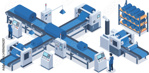 Isometric textile manufacturing facility with automated conveyor belts, colorful fabric rolls, workers, and modern machines illustrating industrial production, 
