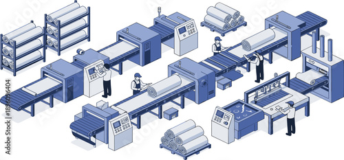 Isometric textile manufacturing facility with fabric machines, conveyor belts, workers, and automated production line, showcasing industrial efficiency, fabric processing, and modern textile industry 