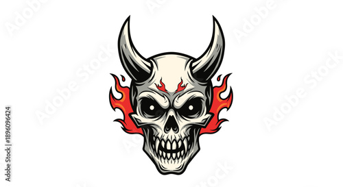 Skull with Horns and Flames Illustration.
