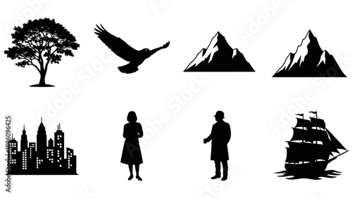 Diverse Silhouettes: Nature, City, People, and Adventure Icons
