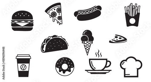 Minimalist Fast Food and Beverage Vector Icon Set - Burger, Pizza, Coffee, and Snacks