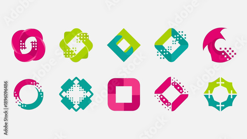 Modern Abstract Logo Icons Set, Geometric Shapes, Digital Pixelated Design Elements