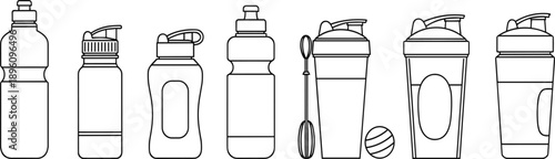 Lineup of seven water bottles and shaker bottles with varied designs, flip lids, push-pull tops, mixing accessories, reusable hydration containers for fitness and everyday use