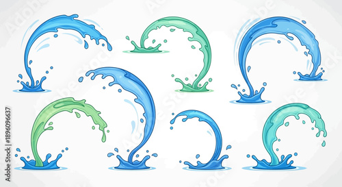 Collection of dynamic water splashes and waves in various shapes and colors.