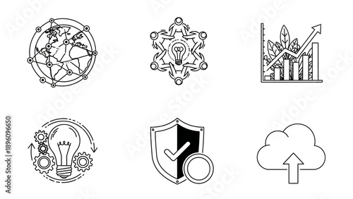Set of Icons: Global Network, Teamwork, Growth, Innovation, Security, Cloud Upload