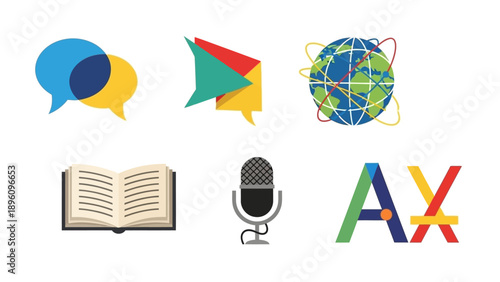 Set of Icons: Communication, Global Connection, Education, and Technology Concepts