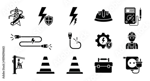Collection of electrical and construction icons and symbols.