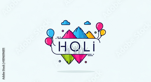 Vibrant holi festival logo with colorful pyramids and balloons on light blue background