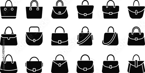 Set of sixteen black and white handbag icons in grid, showcasing diverse fashion styles including tote, satchel, shoulder, and crossbody bags for design illustration