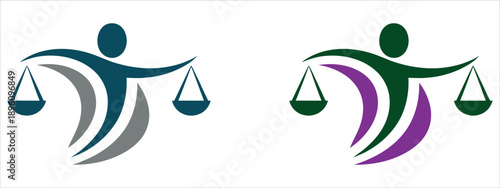Modern justice scales logos with human figures in balance vector illustration.