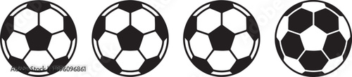 Four black and white soccer balls in a row on white background