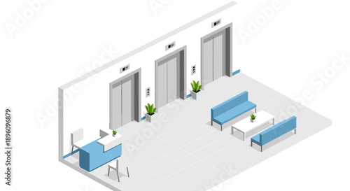 Office Space with Desks and Elevators.