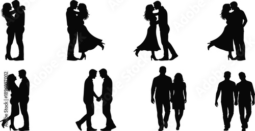 Silhouettes of eight romantic couples in various poses, hugging, kissing, walking, holding hands, isolated illustration representing love, affection, and interpersonal connection