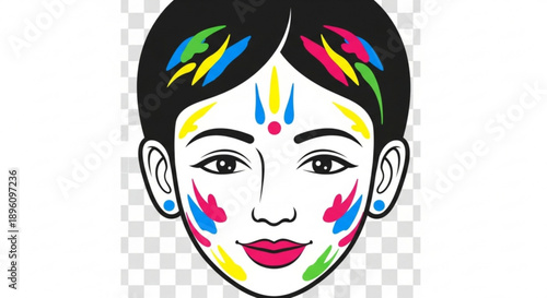Woman with colorful face paint and dark hair on white background for artistic or festive designs