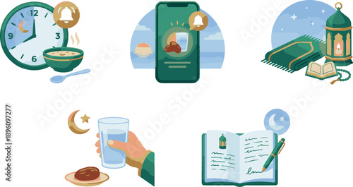 Ramadan Suhoor Meal and Islamic Prayer Ritual Icons