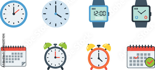 Timekeeping and scheduling icons including analog clocks, digital wristwatch, smartwatch, calendars, and alarm clocks representing modern tools for managing time, reminders, and daily organization