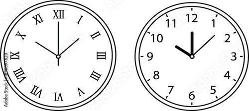 Two analog clocks side by side showing different times, one with Roman numerals and one with Arabic numerals, comparison of clock face styles