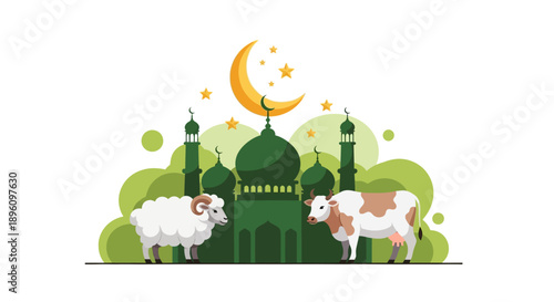 Mosque with Sheep Illustration.