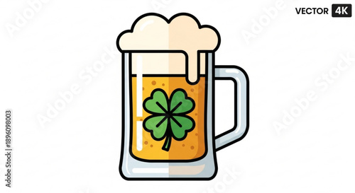 A glass mug of beer with a four leaf clover inside frothy head on a white background for st patrick's day