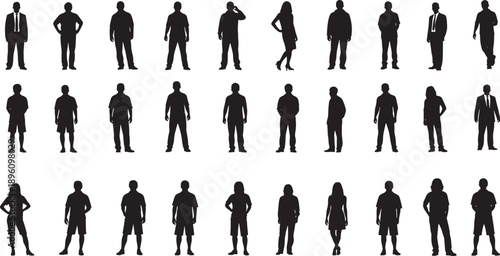 Silhouettes of diverse people in business attire, casual clothing, and dresses arranged in grid formation, representing fashion, posture, demographic diversity, and human character modeling