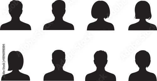 Set of eight black silhouettes of people on white background