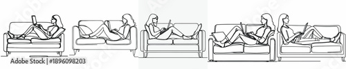 line art of a woman relaxing on a sofa with a laptop