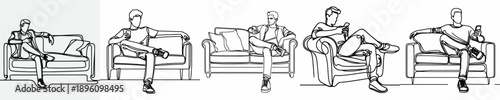 line art of a man sitting on a sofa with a handphone