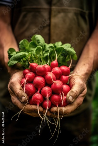 Freshly picked radishes in the hands of a farmer