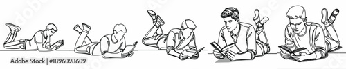 line art of a man lying on the floor reading a book