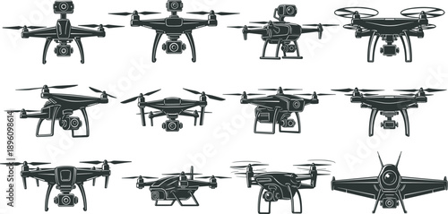 Collection of twelve diverse drone illustrations featuring quadcopters, multi-rotor designs, and fixed-wing aircraft, highlighting aerial technology, surveillance, photography, recreation,