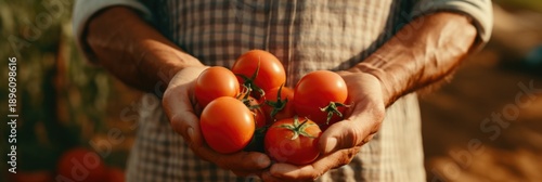 Freshly picked tomatoes from the field in the hands of a farmer