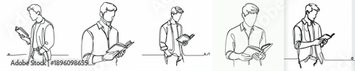 line art half body of a man standing reading a book