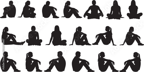 Collection of twenty black silhouette figures seated in various poses, showcasing diverse human posture, body language, artistic reference, and design inspiration for creative projects