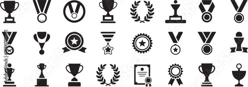 Collection of black and white icons showing awards and certificates