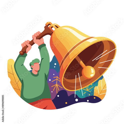 Celebrating success with a golden bell in vibrant graphic illustration