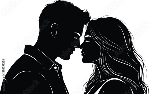 Silhouettes of a man and woman in an intimate and romantic pose, facing each other closely.