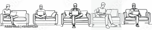 line art of a man sitting on a sofa with a laptop