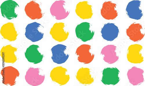 A vibrant and colorful abstract art piece featuring multiple rows of painted circles 