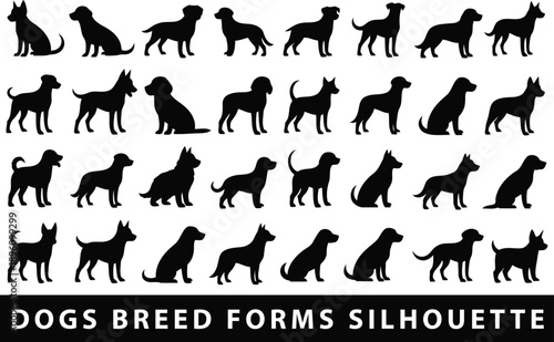 A comprehensive collection of black silhouette illustrations depicting various dog breeds in different poses, showcasing diverse canine forms.