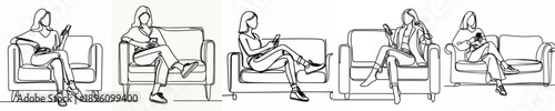 line art of a woman sitting on a sofa with a handphone