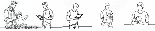 line art half body of a man standing reading a book
