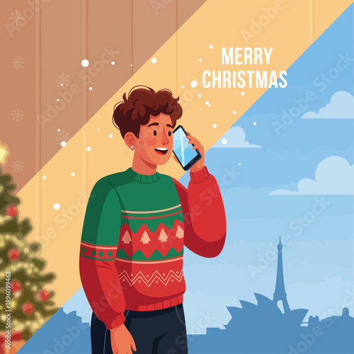 Cheerful man calls Christmas greetings with global landmarks in the background