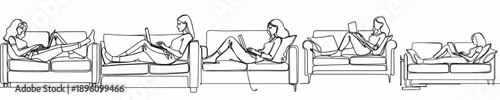 line art of a woman relaxing on a sofa with a laptop
