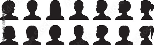 Set of silhouettes of people with different hairstyles and head directions