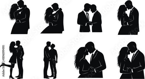 Silhouettes of diverse couples embracing and showing affection, representing love, intimacy, and various relationships.