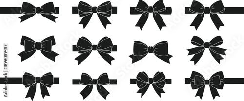 A collection of twelve elegant black bows and ribbons, presented in various styles and arrangements, suitable for gift wrapping, decoration, or festive design elements.